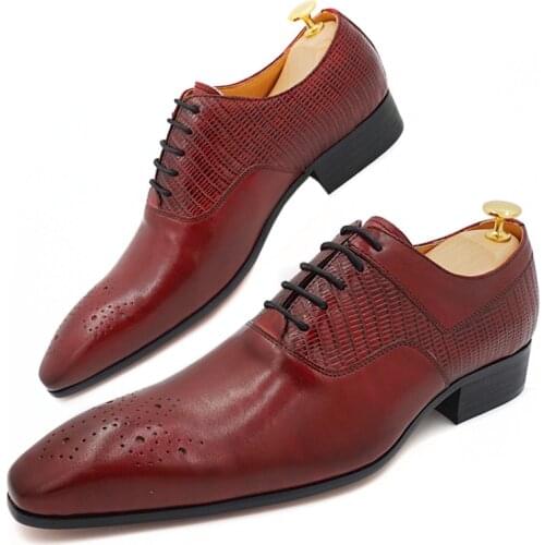 Luxury Men Oxford Shoes Men Dress Shoes Leather Italian Red Black Hand-polished Pointed Toe Lace up Wedding Office Formal Shoes