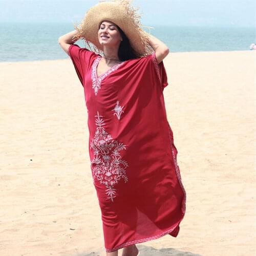 Embroidery Kaftan Beach Tunic Cotton Beach Cover up Saida de Praia Swimsuit Women Bikini cover up Pareo Sarong Beachwear #Q854