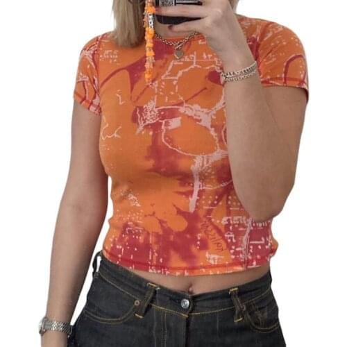 Ladies Summer Round Collar T-shirt, Girls Irregular Abstract Printing Short Sleeve Midriff-baring Tops Slim Base Shirt