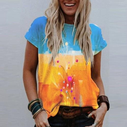 Ladies Casual Fashion Popular Temperament Personality Streetwear Color-Coated Digital Printing Round Neck Short Sleeve Tops