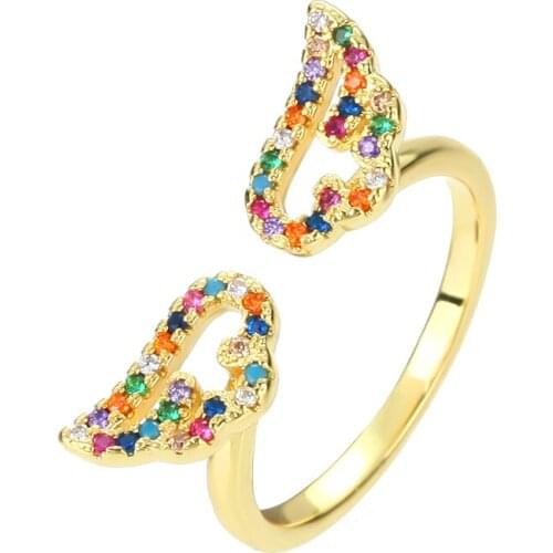 Gold rainbow rings angel wing for women copper stone zircon open adjustable rings initial Jewery Punk Hip Hop Rock womens rings