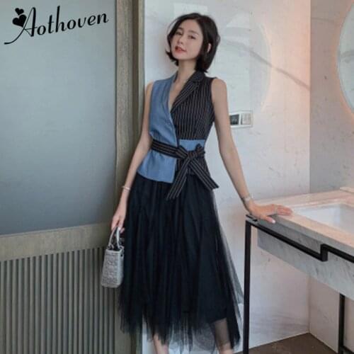 Summer 2 Piece Set Office Women Suit Sleeveless Notched Collar Contrast Color Striped Top and Black Mesh Skirt Two Piece Set