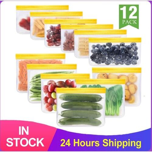 12 Pieces/Set Of Silicone Food Bag Frosted PEVA Food Storage Bag Reusable Zipper LeakProof Top Fruit Bag Sealed Food Storage Bag