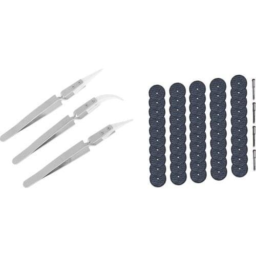 3 Pcs Antistatic Ceramic Tweezers Inverted Tweezers & 50 Pcs 32Mm Fiberglass Reinforced Cutting Disc