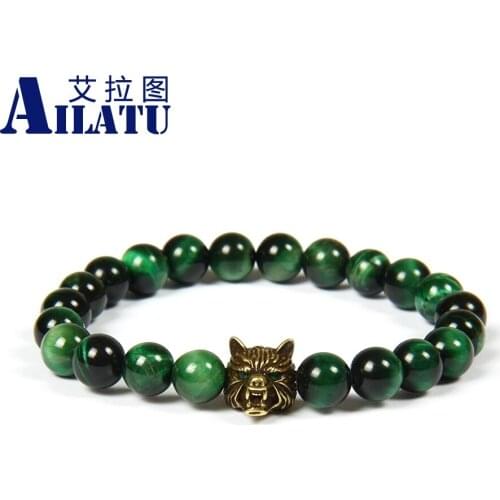Ailatu New Design Wholesale 10pcs/lot 8mm Natural Green Tiger Eye Stone Beads with Micro Pave Cz Wolf Beaded Bracelet