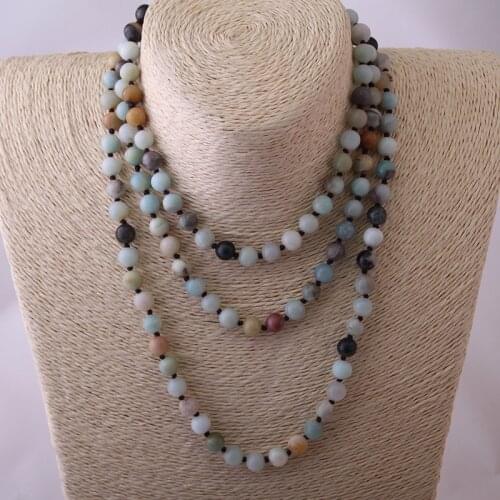 Free Shipping Artisan Jewelry Fashion knotted long Halsband Amazonite Stones Women Beaded Designer Necklaces