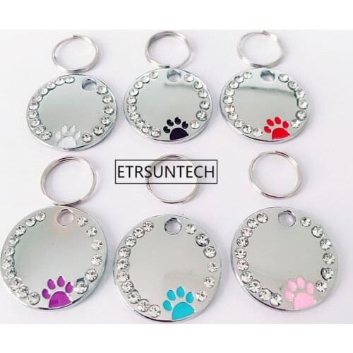 200pcs Dog Tag Engraved Pet Collar Accessories Rhinestone Paw Charm Cat Puppy ID Tag Metal Name Tags Pendant Anti-lost