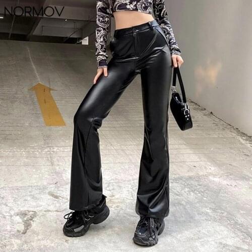 NORMOV Gothic Cargo Pants Women Fashion High Waist Pockets Faux Leather Pants Sexy Black Straight Flare Pants Casual Trousers