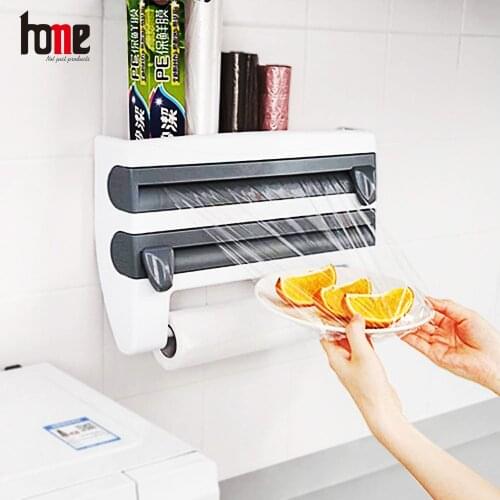 Plastic Wrap Dispenser Foil Paper Cutter Wrapping Organizers for Kitchen Wall- Mount Holder Multifunction Accessories Gadgets
