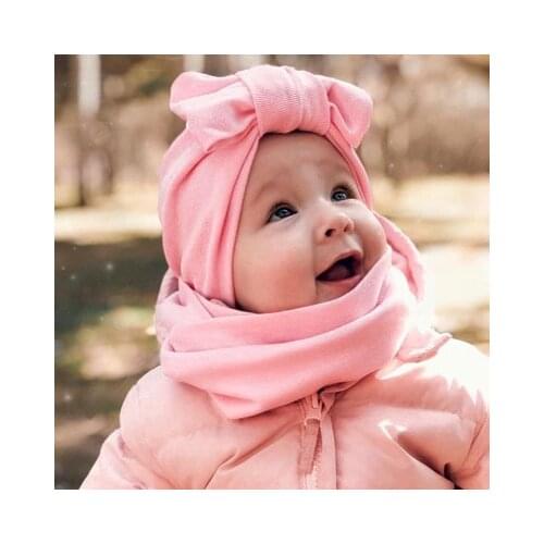 For 0 to 3 years old Solid Color Cotton Children Bowknot Hat And Scarf Set Autumn Winter Boys Girls Beanies Cap