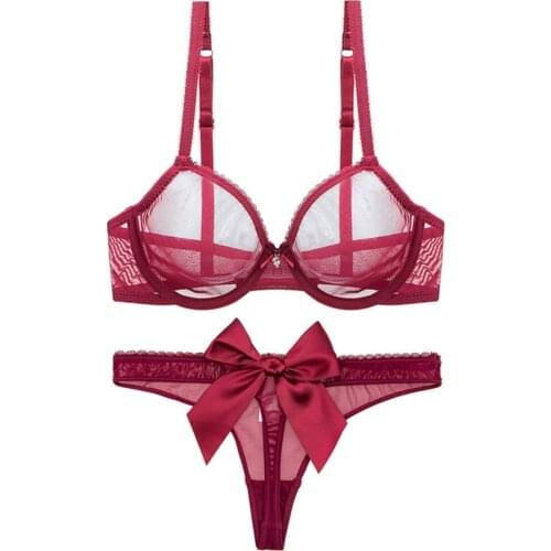 Hot New Push Up Women Bra With Panties Set Plunge Lace Sexy Wire Ring Bralette Tops Bow Briefs Female Suit Plus Size 30-42