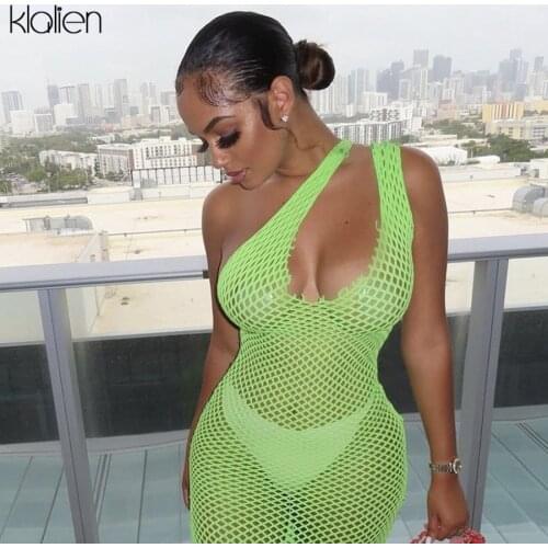 KLALIEN Fashion Sexy Hollow Out See Through Solid Slim Stretch Mini Bodycon Dress Y2K For Women Clubwear Active Street Dresses