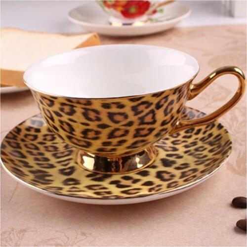 European Leopard Print Bone China Coffee Cup Saucer Ceramic Golden Edge China Mug British Royal Afternoon Teacup Drinkware +Dish