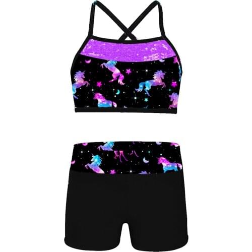 Kids Girls Child Ballet Dancewear Workout Gymnastics Outfits Sport Bra Top Tank Tops with Bottoms Shorts Set Dance Class Outfits