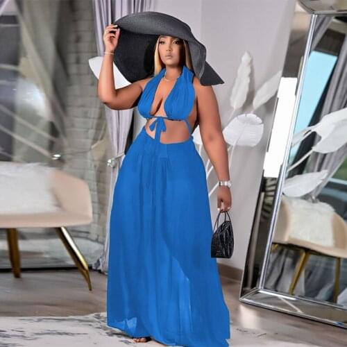 Summer Chiffon Womens Set Halter Crop Tops+Pleated Maxi Skirts Beach Outfits Matching Two 2 Piece Sets Swimsuit Wholesale Items