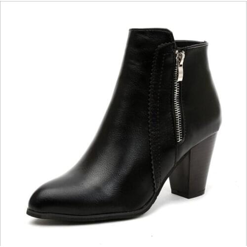 Fashion Retro Women Ankle Boots Fashion PU leather Boots High heel 8cm Ladies shoes Side Zipper Short Boots for Women Shoes