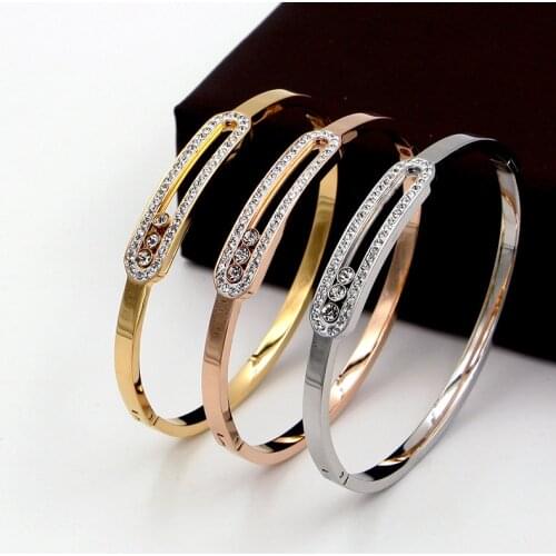 Fashion Stainless Steel Hollow Better Move Crystal Bangle Bracelet Rose Gold Color Female Woman Wedding Party Gift