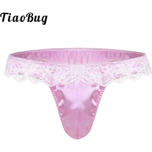 TiaoBug Mens Lingerie Bulge Pouch Ruffle Lace Shiny Bikini Thong Sexy Gay Men Underwear Hot Sissy Panties Tanga hombre Jockstrap