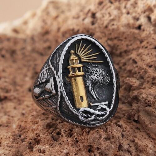 Golden Vintage Viking Nautical Lighthouse Ring For Men Stainless Steel Lighthouse Stamp Viking Ring Nordic Bikier Amulet Jewelry