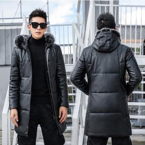 New fashion leather down jacket mens long hooded sheep skin youthful slim thick fur collar leather jacket mens winter jacket