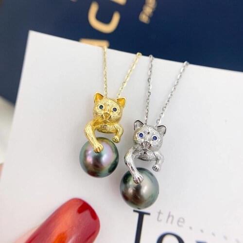 Wholesale Cute Cat 925 Sterling Silver Pendant Base Settings Mountings Findings Parts for Pearl Coral Jade Beads Stones Crystal