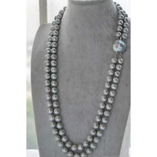 Free Shipping >> new Huge HOT2 row AAA 9-10mm natural tahitian gray pearl necklace 20''21