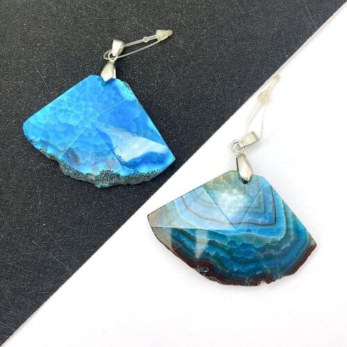 Natural Stone Agate Pendant Fan Shape Edging Blue Jewelry DIY Handmade Necklace Bracelet Accessory Gift for Women Earring Charms