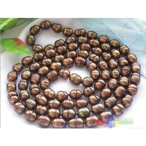 Romantic 11-13MM coffee RICE FRESHWATER CULTURED PEARL NECKLACE 50"