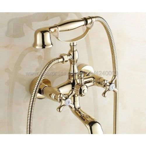 Luxury Gold Color Brass Bathtub Faucet Wall Mount Handheld Bath Tub Mixer System with Handshower Telephone Style Ktf131