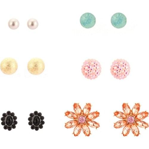 Bling Earring Sets 6 Pairs / Set Mixed Color Cute Flower Round Stud Earrings For Women Fashion Jewelry Birthday Gift Wholesale