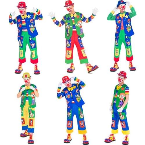 Adult Funny Clown Costume Circus Carnival Fancy Dress Birthday Party Outfit, Include colorful Vest + Top + Hat + Pant + Sock