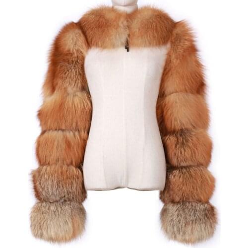YOLOAgain Women Natural Real Fox Fur Sleeve Collar Jacket Coat Ladies