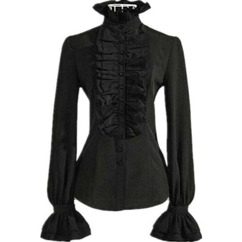Lady Lolita Shirt Blouse Ruffle Stand Collar Flare Slim Top Gothic Victorian