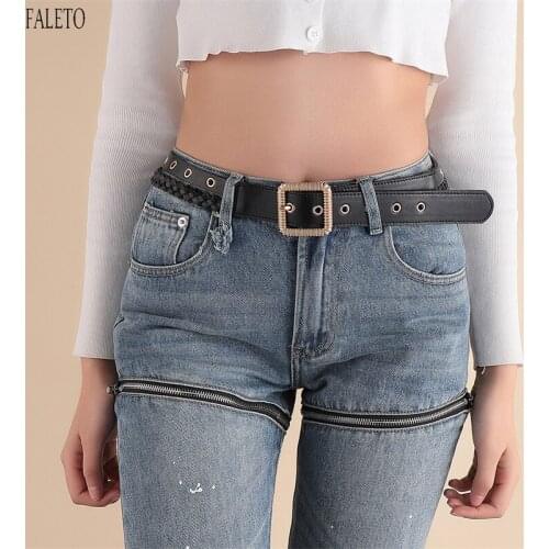 Faleto Hot Sale Women Fashion Leather Belt Pu Leather Wasit Belt Dress Handwoven Casual Belt for Jeans Pants with Pin Buckle