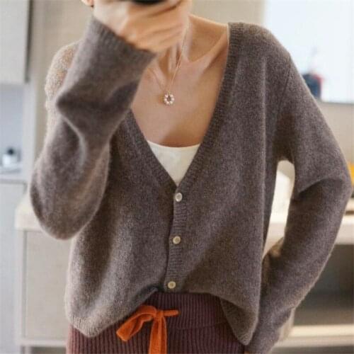 2021 Spring Autumn Wool Cardigan Womens Knitted Sweater Jacket Big V-neck Loose Cashmere Short Top Thin Style All-match Korean