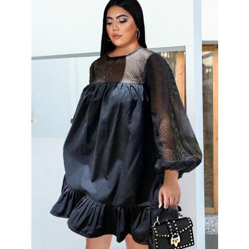 White Dress Plus Size Women See Through Long Sleeve Patchwork Loose Knee Length Ruffles Office Lady Casual Dresses Dropshipping