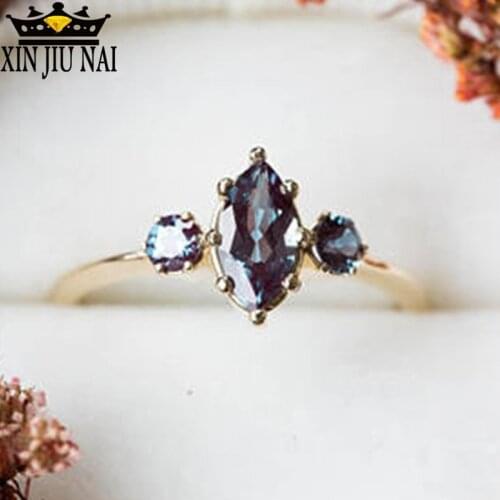 2 Colors Blue Crystal Rings For Women 3 Stones Bridal Wedding Engagement Rings Rose Gold/gold Color Dainty Female Finger Ring