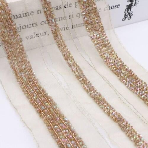 6Yards Gold Champagne Beaded Lace Sequined Trims Vintage Fabric Sequin Mesh Lace Wedding Dress Applique