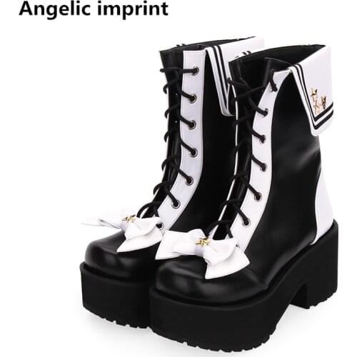 Angelic imprint mori girl Women motorcycle punk boots lady lolita Boots woman College style high heels pumps platform shoes 8cm