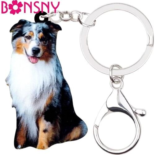 Bonsny Acrylic Australian Shepherd Dog Key Chains Keychains Animal Jewelry For Women Girls Bag Car Pet Charms Pendant Wholesale