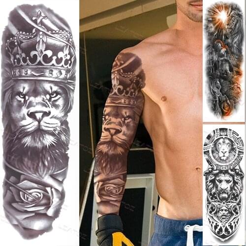 Black Flower Lion Temporary Sleeve Tattoos For Men Women Alult Maori Tribal Black Tattoos Sticker Fake Warrior Tatoos Full Arm