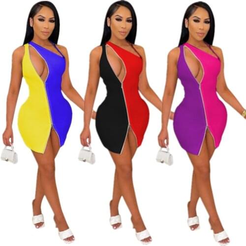 Chiclover Dresses for Women Wholesale Items Sexy Nightclubwear Color Matching Mini Dress Sleeveless Irregular Zipper Dresses