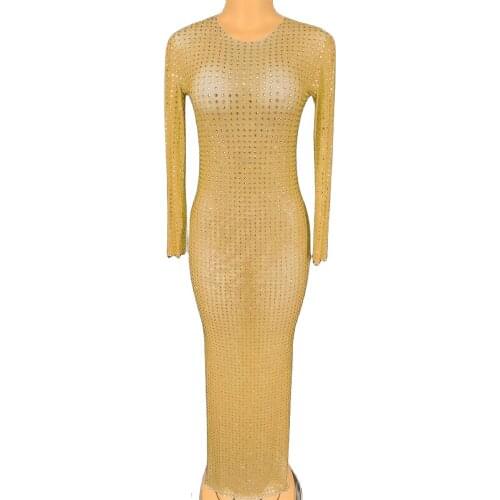 Sparkly Full Of Rhinestone Long Sleeve Tight Women Dress Perspective Mesh Stretch Floor-Length Dress DJ Singer Dance Stage Wear