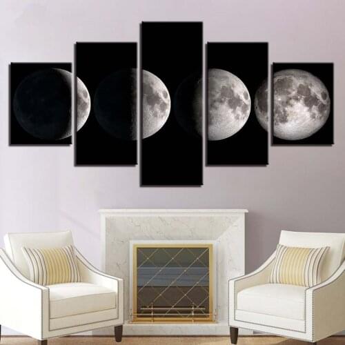 Framed Canvas Pictures Home Wall Art Framework Decoration 5 Pieces Moon Paintings HD Prints Black And White Lunar Phase
