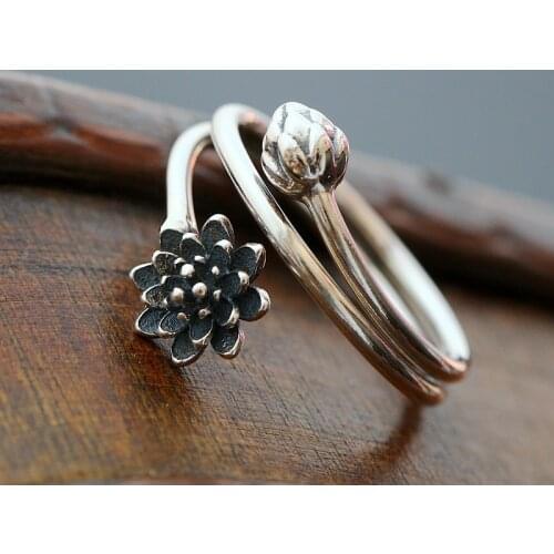 925 Sterling Silver Old Silver Craftsman Handcrafted Lotus Ring Lotus Leaf Fine Ring Simple Trendy Open Lady Accessories