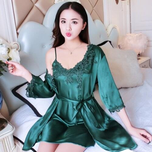 Summer Sleepwear Green Satin Nightgown Womens NightIE&Robe Set Lace Embroidery Kimono Bathrobe Gown Sexy Intimate Lingerie