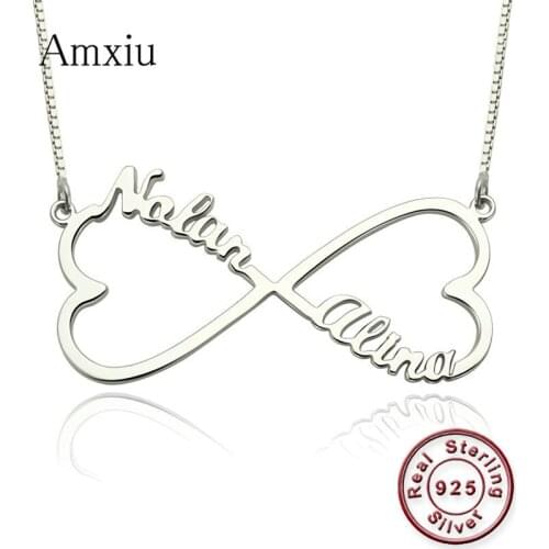 Amxiu Custom Two Names Necklace Heart Pendant Necklace Personalized Name Jewelry DIY 925 Sterling Silver Necklace For Women Gift