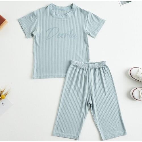 Boys Girls Pajamas Summer Blue Short Sleeve Childrens Clothing Sleepwear Cotton Pyjamas Sets for Kids 2 4 6 8 10 12 Years