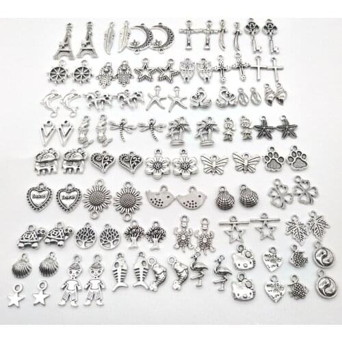 50 Pairs (100pcs) Mixed Tibetan silver Pendants Charms Handmade DIY For Earrings Necklace Bracelet Jewelry Making Accessories