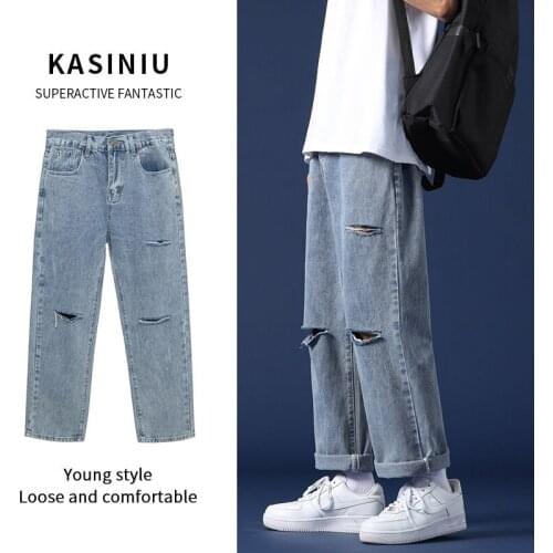 Ripped Jeans Mens Spring Summer Loose Retro Washed Light Blue Straight Wide-leg Trousers Denim Pants Trend Streetwear Hip Hop